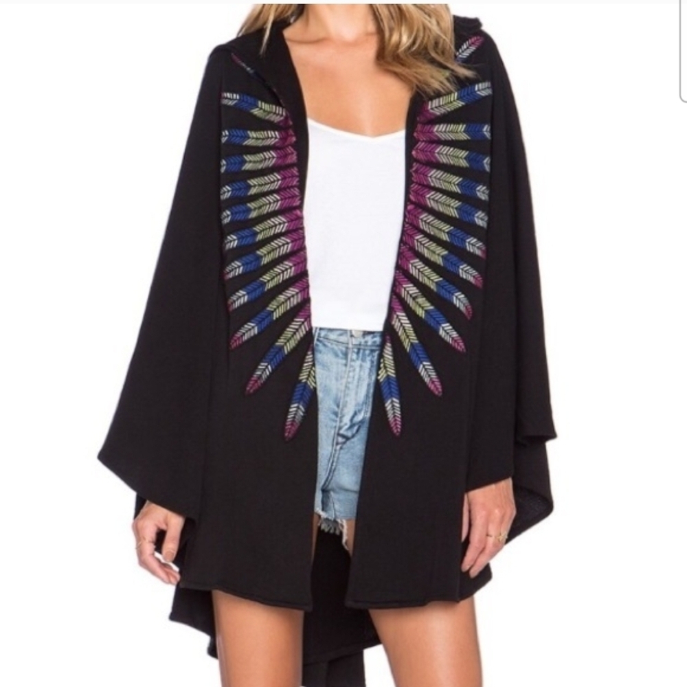 NEW Mara Hoffman BLACK Rare Embroidered Feather Poncho Cape Coverup One Size